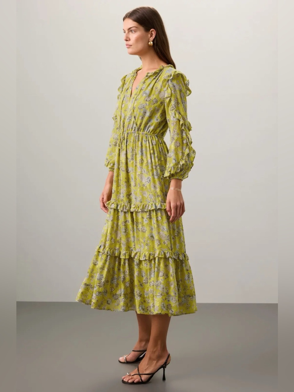 ALEXIS Auja Floral Print Crepe Midi Dress Ruffle‎ Sleeve Tiered Yellow sz  xl